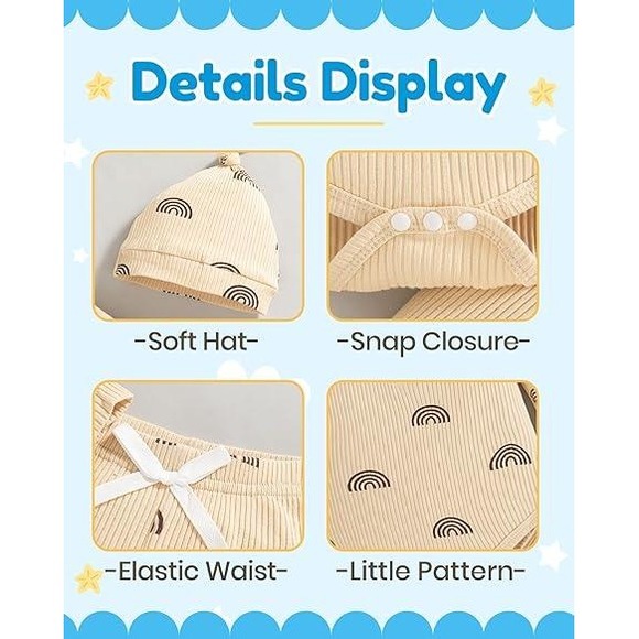 Baby Girl Boy Rainbow Long Sleeve Bodysuit Pants Hat Set Cream Ribbed Knit - Picture 4 of 5